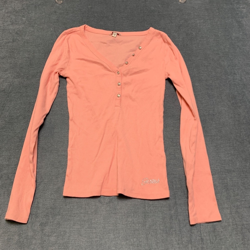 Guess Top Womens XS Pink Coral Long Sleeve Ribbed Texture Henley Neck Pullover